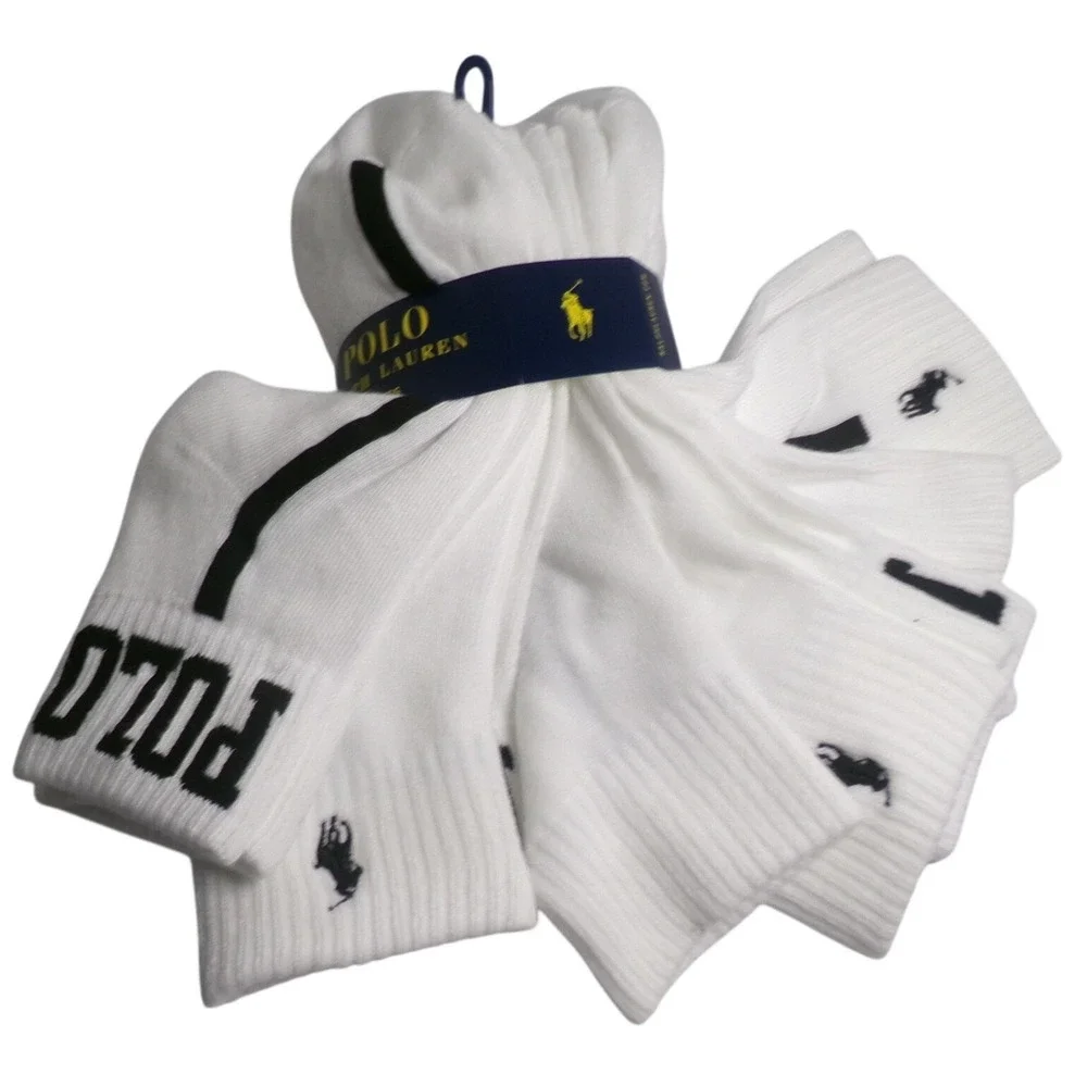 Polo Ralph Lauren Womens 6 Pair Crew Socks White Black Stripe Pony Logo Athletic